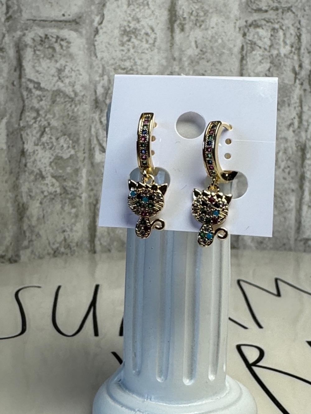 Gold Multicolor Crystal Cat Drop Earrings - Women Jewelry